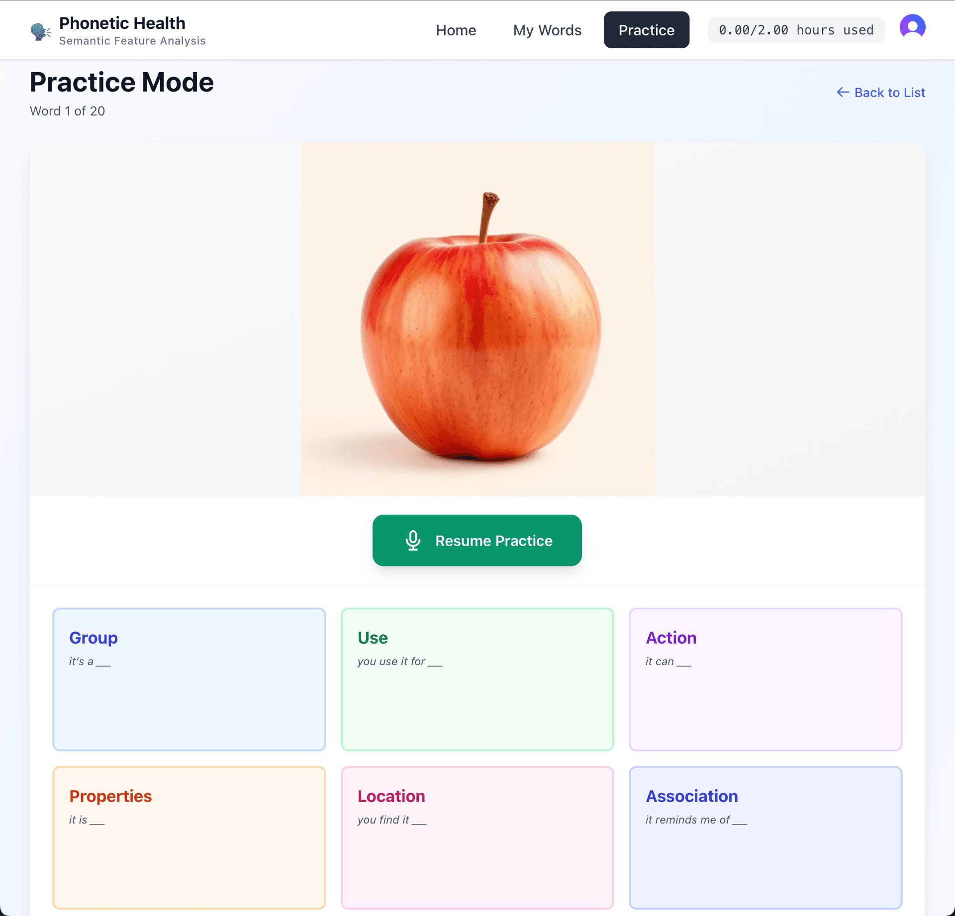 Practice Mode - Interactive semantic feature analysis exercises